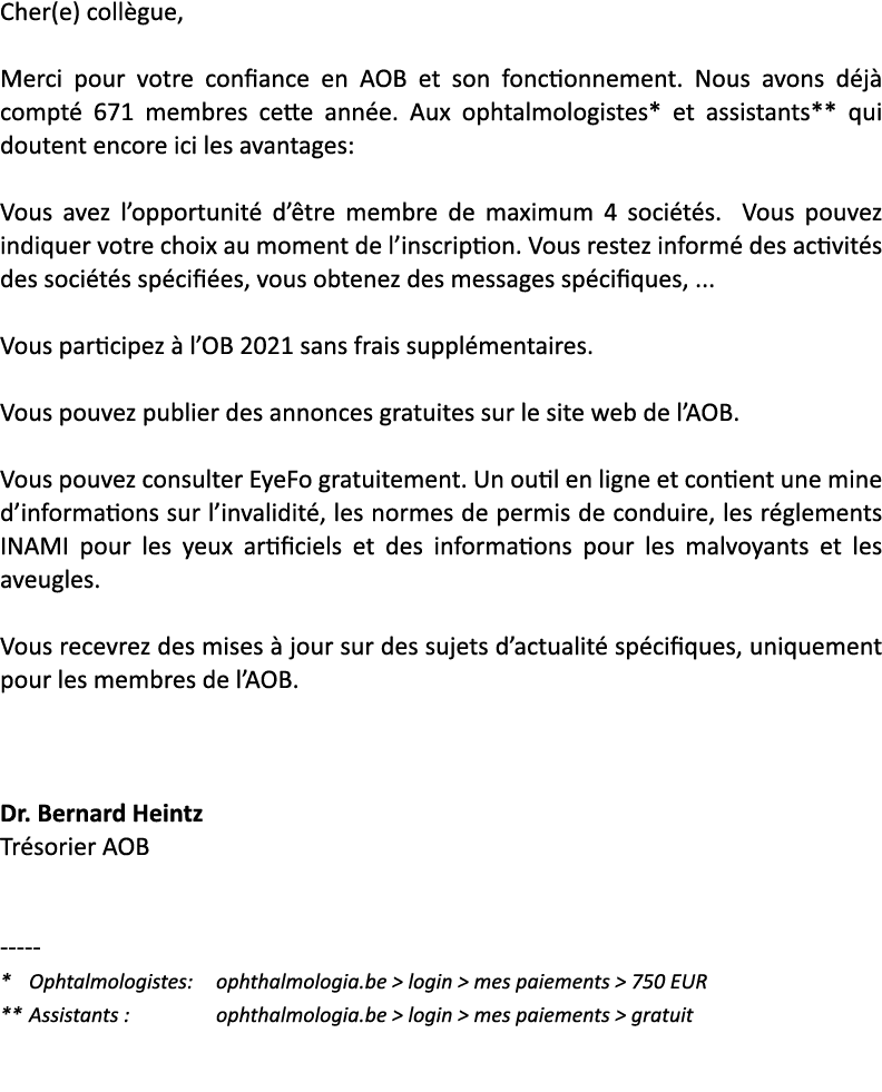 Cher(e) collègue,  Merci pour votre confiance en AOB et son fonctionnement  Nous avons déjà compté 671 membres cette    