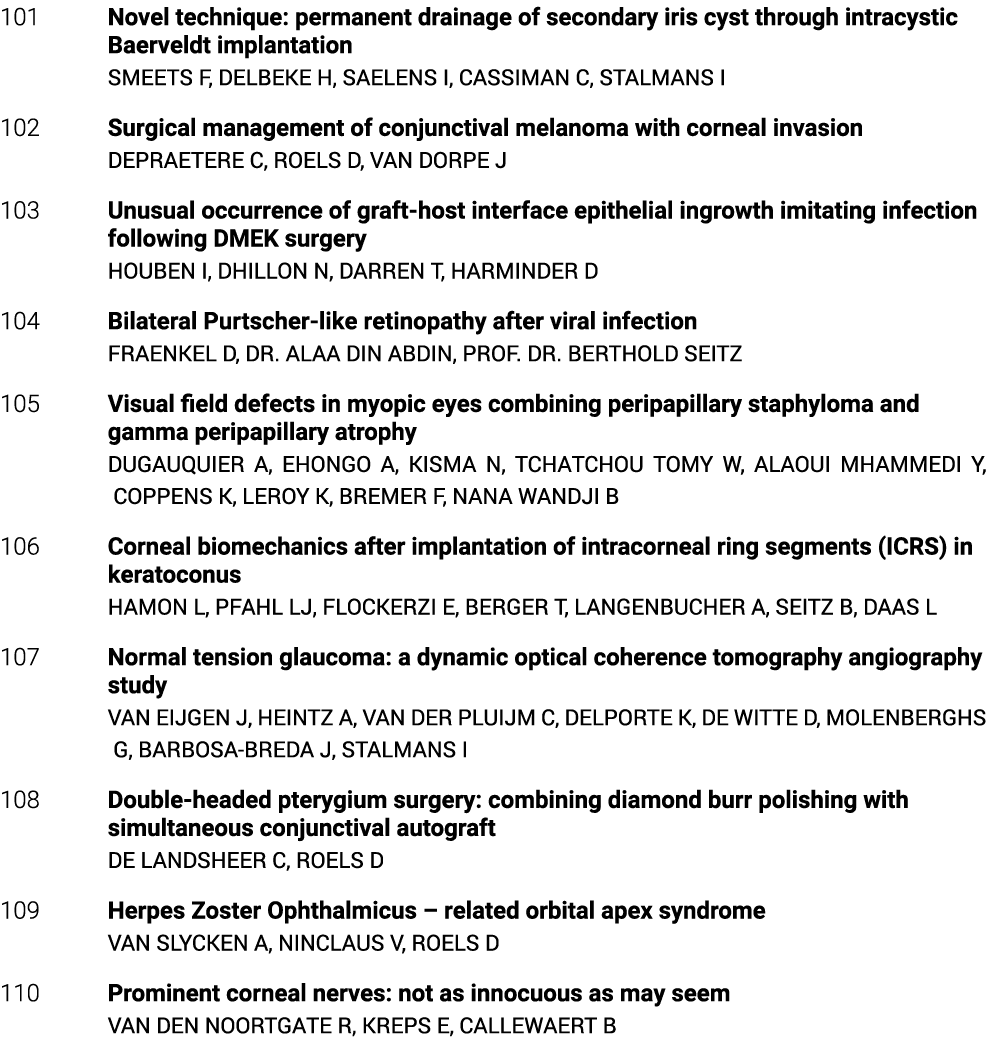 101 Novel technique: permanent drainage of secondary iris cyst through intracystic Baerveldt implantation SMEETS F, D   
