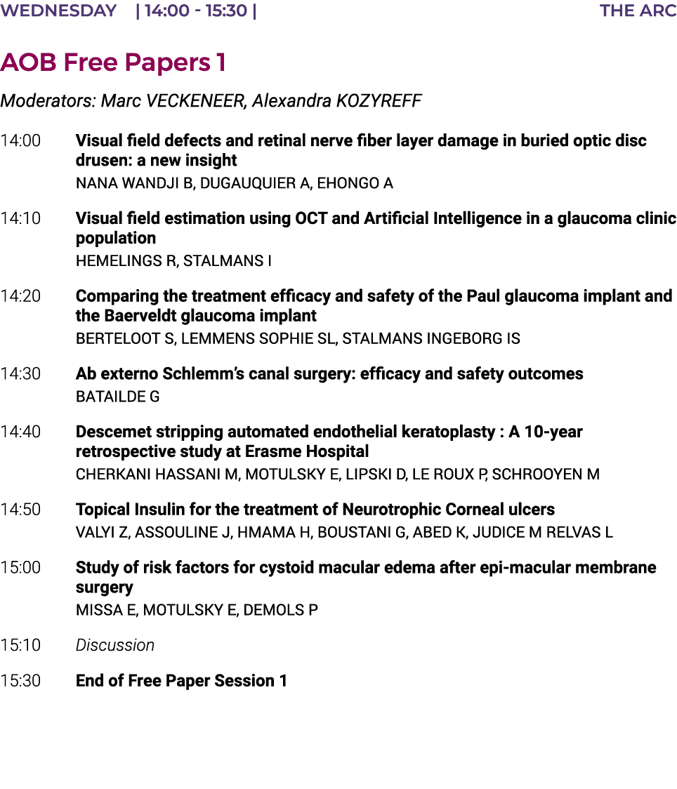 Wednesday    14:00 - 15:30   THE ARC AOB Free Papers 1 Moderators: Marc VECKENEER, Alexandra KOZYREFF 14:00 Visual fi   