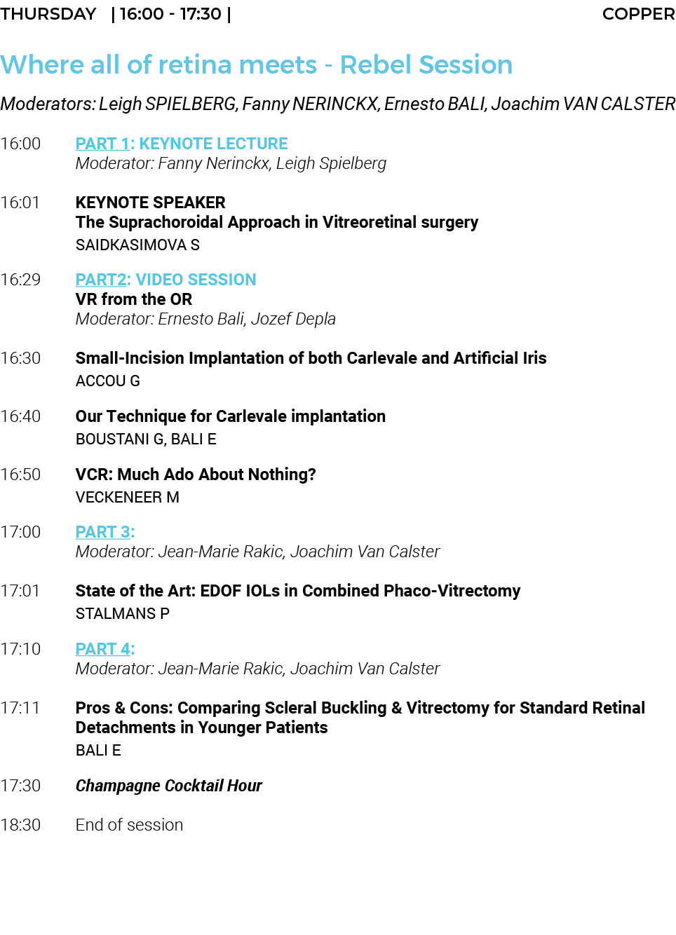 THURSDAY    16:00 - 17:30   COPPER Where all of retina meets - Rebel Session Moderators: Leigh SPIELBERG, Fanny NERIN   