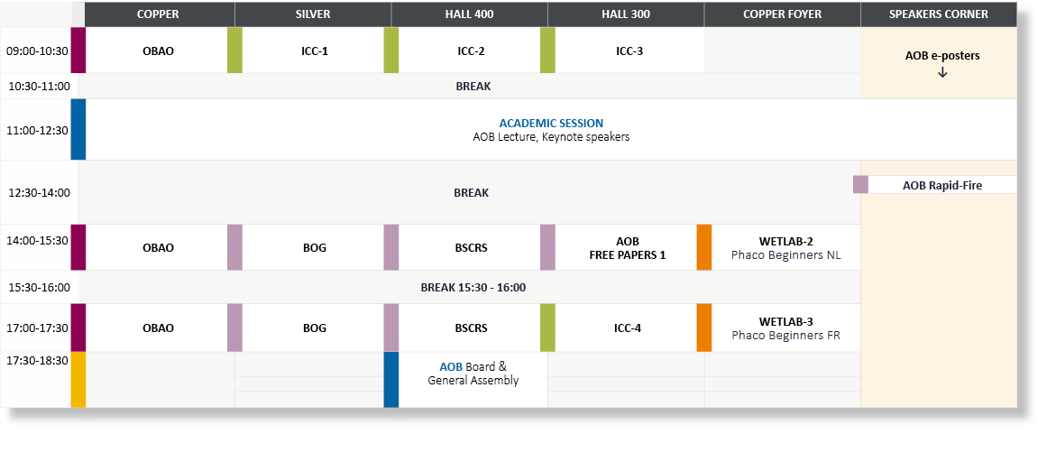 ,COPPER,SILVER,HALL 400,HALL 300,COPPER FOYER,SPEAKERS CORNER,09:00-10:30,OBAO,ICC-1,ICC-2,ICC-3,,AOB e-posters  ,10:   