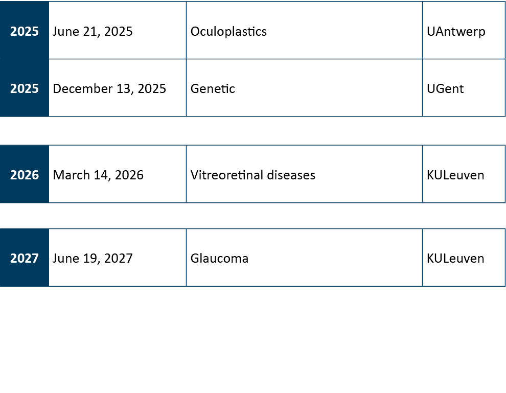 2025,June 21, 2025,Oculoplastics,UAntwerp,2025,December 13, 2025,Genetic,UGent,,,,,2026,March 14, 2026,Vitreoretinal ...