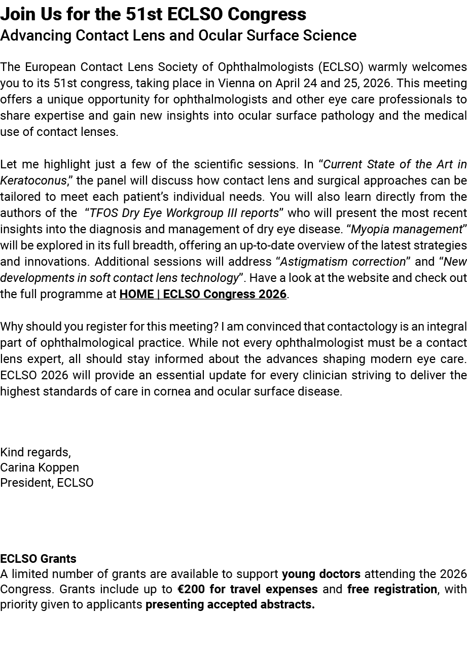 Join Us for the 51st ECLSO Congress Advancing Contact Lens and Ocular Surface Science The European Contact Lens Socie...