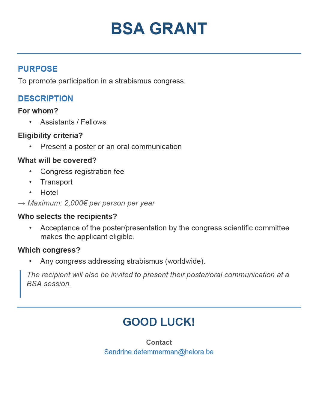 A white paper with blue text describing a grant. Description generated by AI